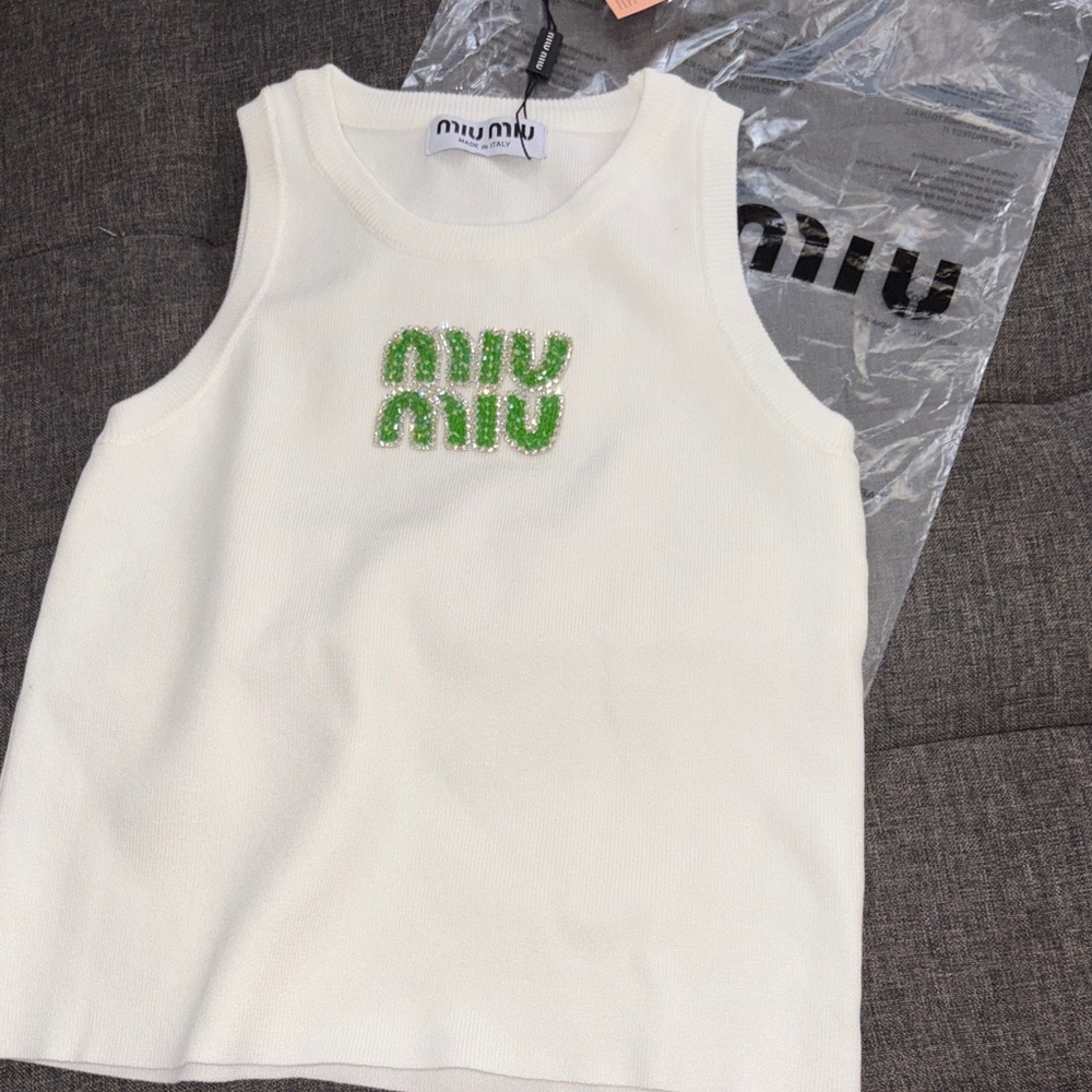 Miu Miu White Tank Top with Green Embellished Logo
